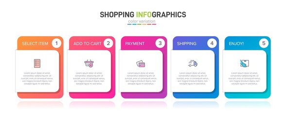 Concept of shopping process with 5 successive steps. Five colorful graphic elements. Timeline design for brochure, presentation, web site. Infographic design layout.