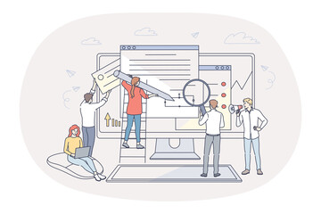 Obraz na płótnie Canvas Finance, analytics, teamwork concept. People business partners workers cartoon characters analysing financial data and marketing information statistics, making report together in office illustration 