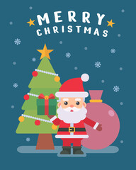 Cute Santa Claus holding gift and standing in front of christmas tree and bag on snow scene background. Flat vector cartoon illustration with Merry Christmas text.