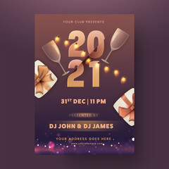 2021 Party Flyer Or Template Design With 3D Wine Glasses And Gift Boxes.
