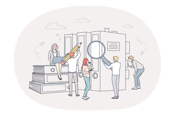 Finance, analytics, teamwork concept. People business partners workers cartoon characters analysing financial data and marketing information statistics together in office in team illustration 