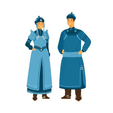 Man and woman wearing traditional mongolian costume. Female character in decorated headdress and national dress. Male person in hat and deel. Flat vector illustration isolated on white background