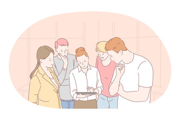 Teamwork, brainstorming, business communication about startup concept. Group of young business people coworkers cartoon characters standing looking at tablet and thinking about project details 