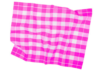 Towels isolated. Close-up of pink and white checkered napkin or picnic tablecloth texture isolated on a white background. Kitchen towel.