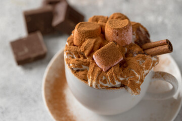 Close up of Hot chocolate cup with whipped cream decorated with cinnamon and marshmallow.