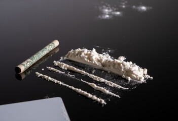 Lines of cocaine and a dollar bill. Cocaine lines shots on a black table glass. Cocaine powder,...