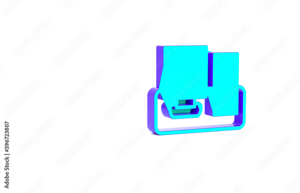 Poster turquoise computer monitor with keyboard and mouse icon isolated on white background. pc component s