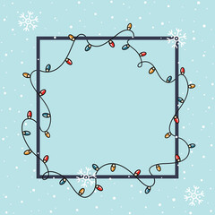 Winter square frame with hand drawn Christmas lights and snowflakes. Cute vector garland illustration. Festive border for text, design greeting card, advertising, poster, season invite, holiday flyer.