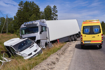 Car accident on a road, truck and van after collision.