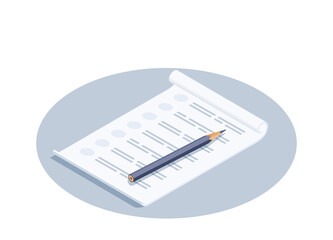 isometric vector illustration isolated on white background, sheet and pencil icon, making a list or test