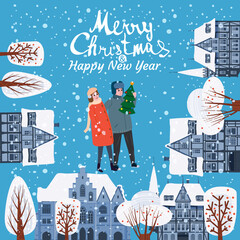 Merry Christmas Greeting Card old city Europe buildings, Couple in Love with christmas tree. Lettering Vector poster banner illustration cozy old town