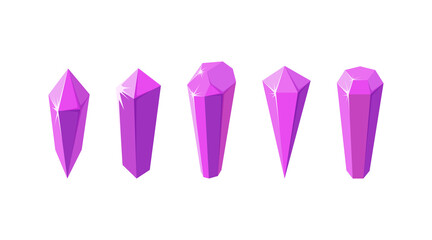 Pink crystal stones like amethyst quartz. Set of gems or glass crystals for games and other designs. Vector illustration in cartoon style