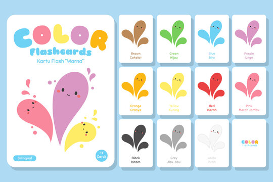 Color bilingual flashcards vector set. Cute color educational flashcards for kids.