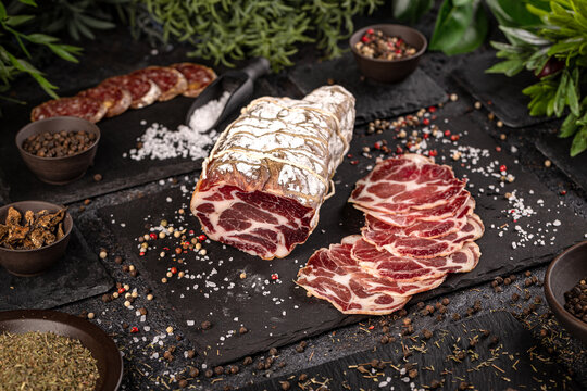 Slices of Corsican traditional delicatess coppa