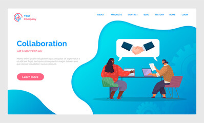 Collaboration of partners, successful deal, design of landing page of website, office workers sitting at table working with laptops, partners or colleagues, businesspeople have a deal, partnership