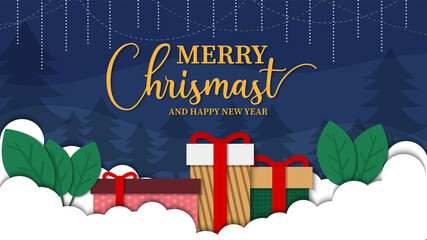 christmas banner paper cut background with present and leaf vector illustration,