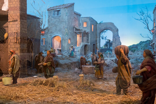 Close Up of a typical Neapolitan Crib. The art of Neapolitan nativity of S. Gregorio Armeno
