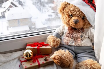 Merry christmas and happy new year greeting card concept, teddy bear sitting on windowsill wearing red christmas cap, homemade gifts in boxes 2021