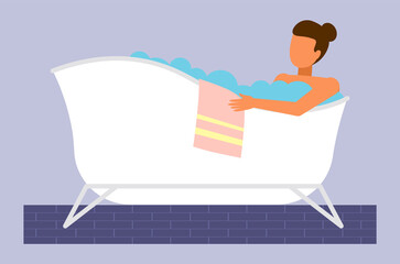 Young woman taking bath, washing body, relaxing with bubbles and towel, girl bathing in hot water. Relaxation and recreation in water. Lifestyle, purity. Relaxing after hard day. Cartoon character