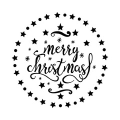 Lettering merry christmas with flourishes in circle frame isolated on the white background. Vector illustration