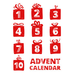 Advent calendar. Christmas holiday celebration cards for countdown. Numbers in gifts