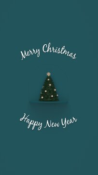 Vertical Christmas and new year card with christmas tree on dark green background. 3d rendering