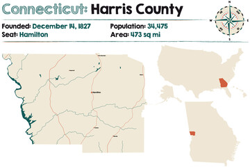 Large and detailed map of Harris county in Georgia, USA.