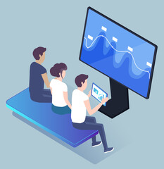 Experts analyzing information on screen. Isolated computer monitor with data and charts. Team of experts checking info. People watching on project statistics changing on board. Vector in isometric