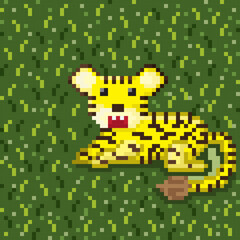 Tiger pixel art. Vector picture. Tiger in the garden.