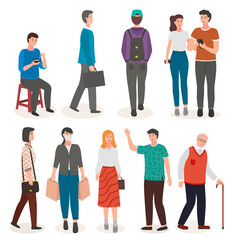 Obraz premium People collection, different men, women, guy sitting at chair, eating soup, with suitcase, from back view, couple of girl and guy, woman with packages in mask, waving hand, old man with walking stick