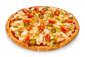 Chicken and cheese pizza isolated on a white background