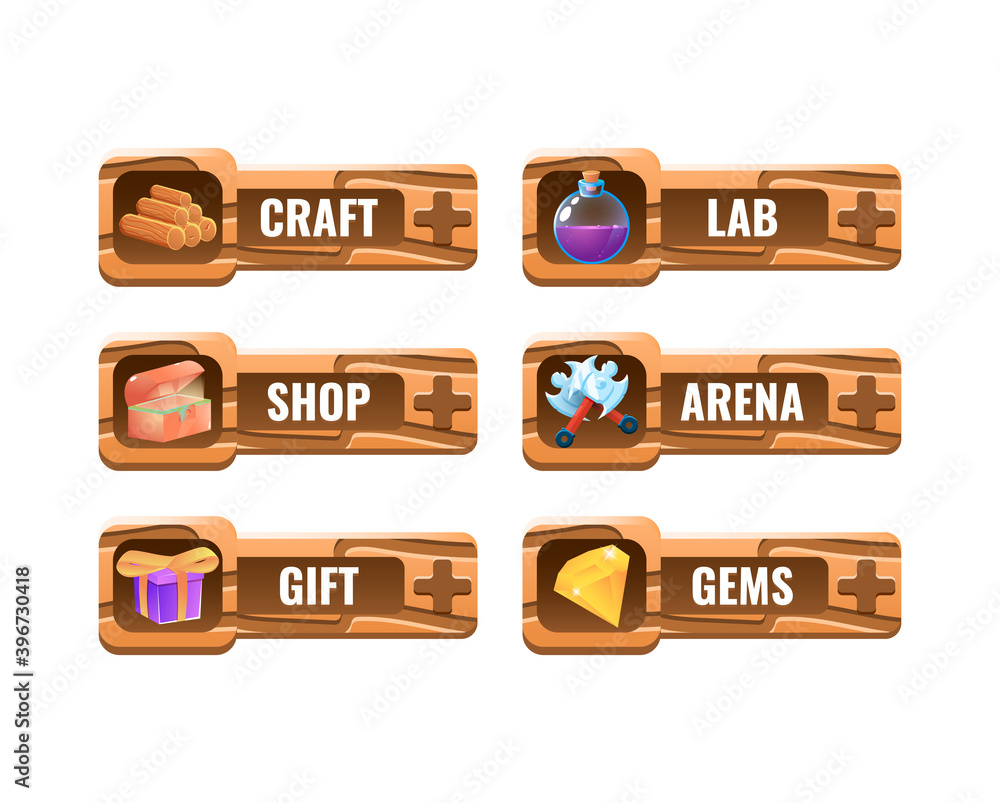 Aufkleber set of funny wooden game ui frame panel template for gui asset elements vector illustration