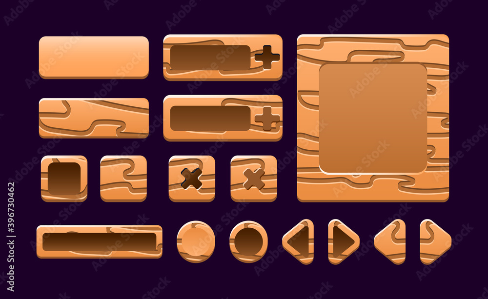 Aufkleber collection set of wooden game ui frame template pop up interface for asset elements vector illustrat