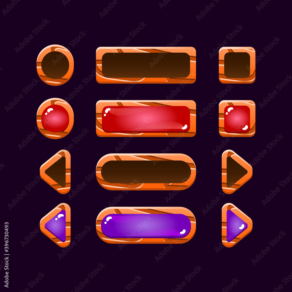 Aufkleber set of funny game ui wooden and jelly button arrow for gui asset elements vector illustration