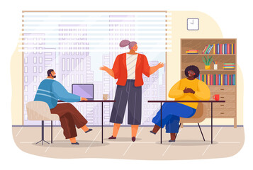 Workers in office with panoramic window, young woman talking with colleagues, african man listening partner female, man working with laptop, designers or co-workers discussing project, plan or startup