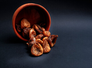 Dried figs spilled from clay bowl