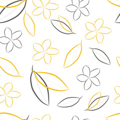 Frangipani flowers are hand-drawn in yellow and gray on a white background. Seamless pattern for wrapping paper, fashion prints, fabrics, clothing, bedding. 