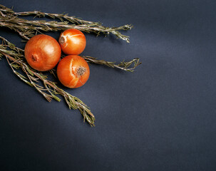 white onions and rosemary branch 