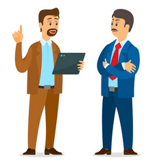 Two partners discussing new project. Serious man listening guy with digital tablet. Office worker talking with boss at white background. Partners planning strategy. Communicating office characters