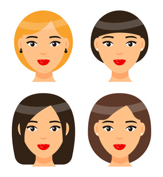 Set of women types of haircuts or hairstyles. Brunette girl with short hair and forelock. Brown-haired female with long hair. Cute brown-haired bob haircut. Pretty blonde woman with elegance ponytail