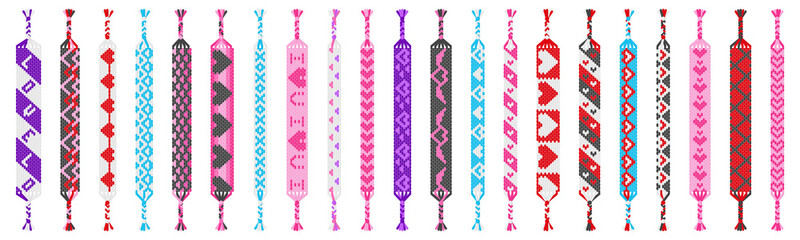 Vector set of colored handmade hippie friendship bracelets of threads isolated on white background. Valentine's day