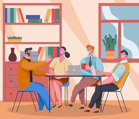 Communicating office workers sitting at table with laptop and man with cup in hand, talking with colleagues, businesspeople discussing work, strategy, partners, employee, brainstorming of team