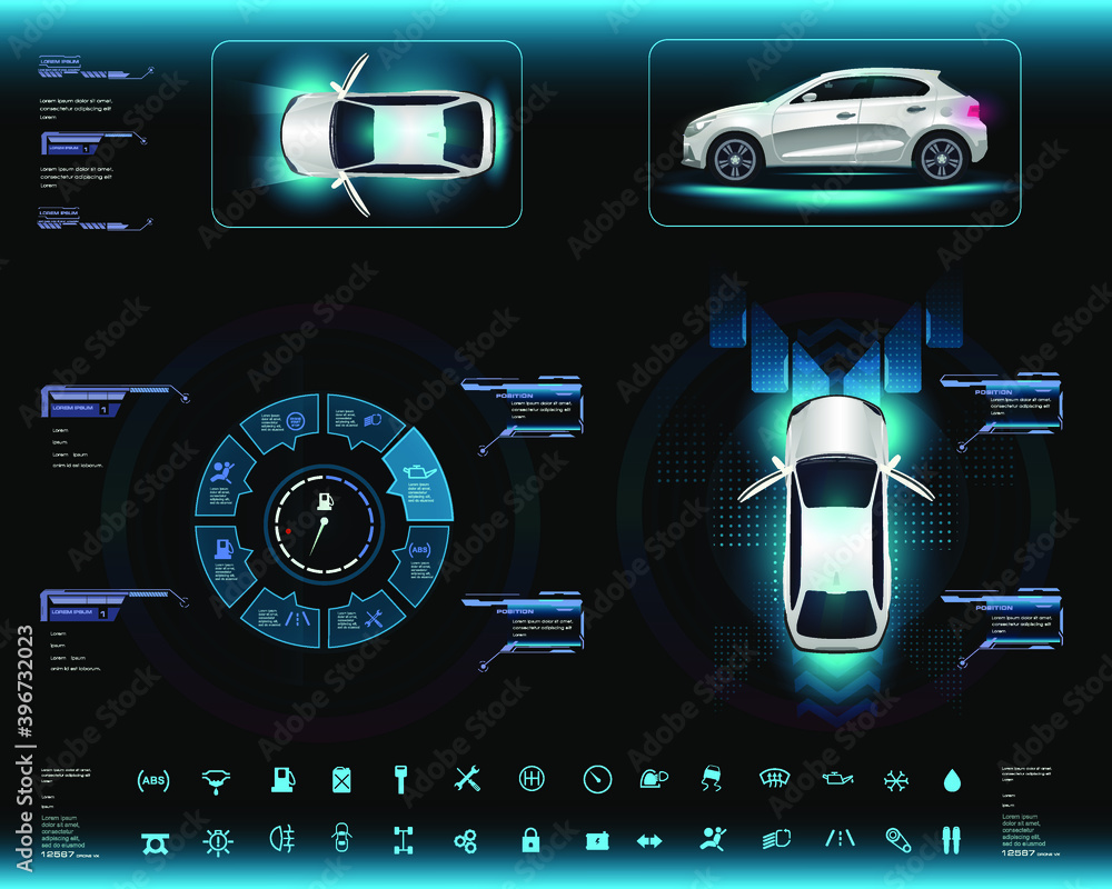Poster holographic panel depicting realistic car with parameters, options and settings in the style of hud,