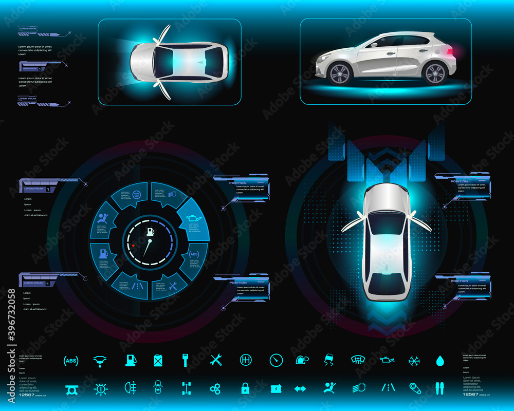 Poster holographic panel depicting realistic car with parameters, options and settings in the style of hud,