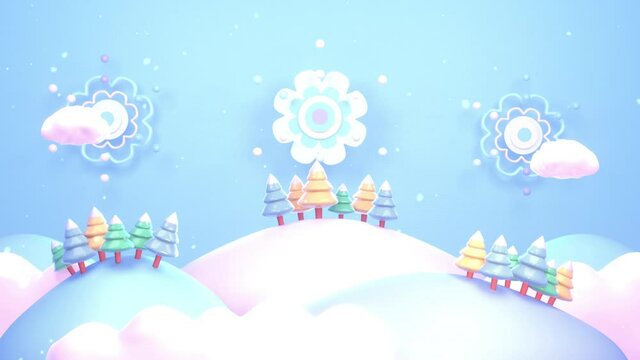 Looped 3d cartoon winter mountains landscape with Christmas trees, paper art style fireworks, and falling snowflakes effect animation.
