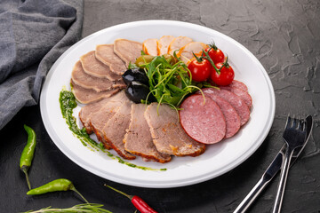 meat slicing.Assorted meat slices with cherry tomatoes, large olives and arugula salad on a white plate. The view from the top. Dark background