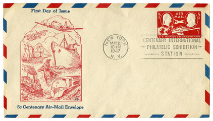 New-York, The USA  - 21 May 1947: US historical envelope: cover with cachet 5 cents centenary...