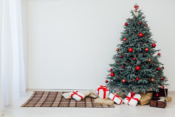 Red decor new year interior Christmas tree with gifts