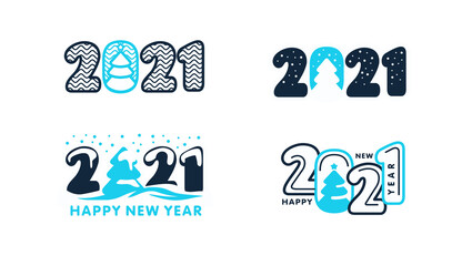 Set 2021 Happy New Year logo text fir-tree snow winter. 2021 number design template. Lettering of 2021 symbol