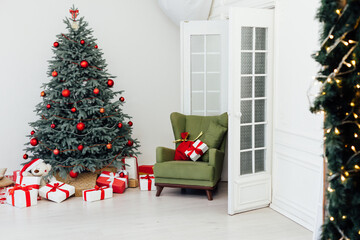 Red decor new year interior Christmas tree with gifts